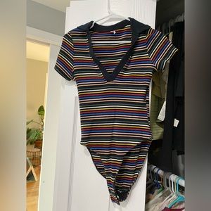 Out From Under Rib Knit Collared Bodysuit Multi Stripe Color S